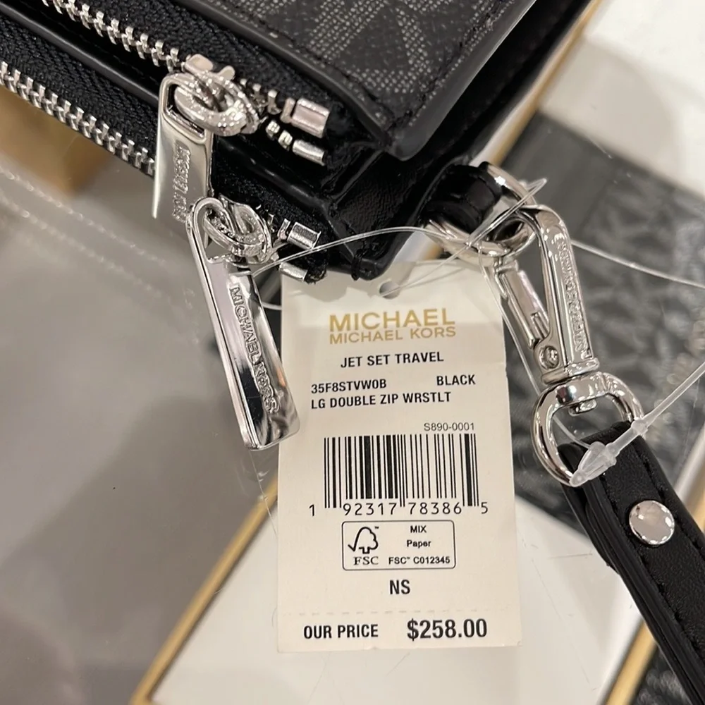 MICHAEL KORS LARGE DOUBLE ZIP WRISTLET PHONEHOLDER WALLET CLUTCH BLACK SIGNATURE